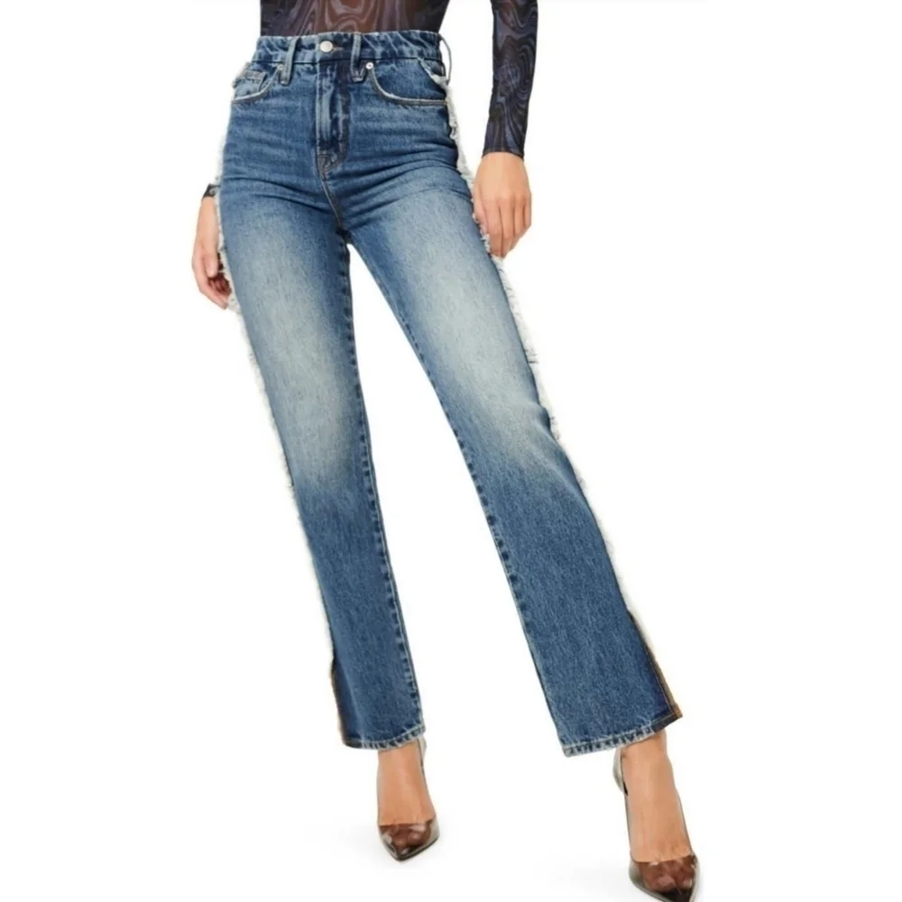 💕GOOD AMERICAN💕 Good Boy Side Frayed Straight Leg Jeans ~ Blue 818 8/29 NWT